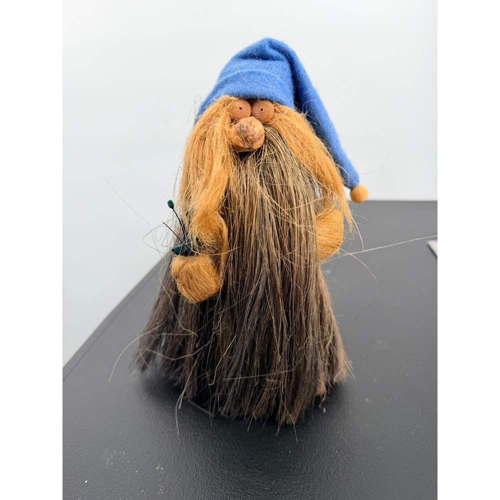 Handmade Scandinavian Tomte Gnome Blue Wool Hat Natural Fiber Beard 8 Inch